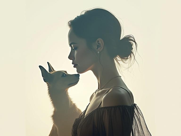 Double exposure image shows a silhouette of a woman and a dog. Full body view of both subjects. Beautiful lighting enhances soft profiles.