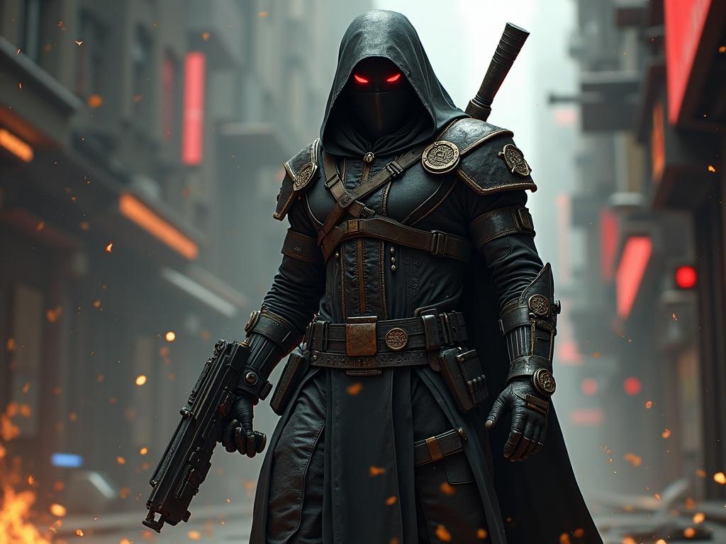 A hooded character in a futuristic urban setting holding a cyberdeck and futuristic weaponry
