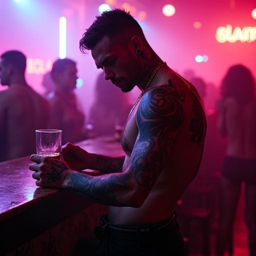 Portrait of a tattooed man in his mid 20s at a nightclub. He leans on a bar with whiskey in hand. Muscular build and tight punk clothes. Dim lighting and vibrant neon colors. Energy of the dance floor around him.