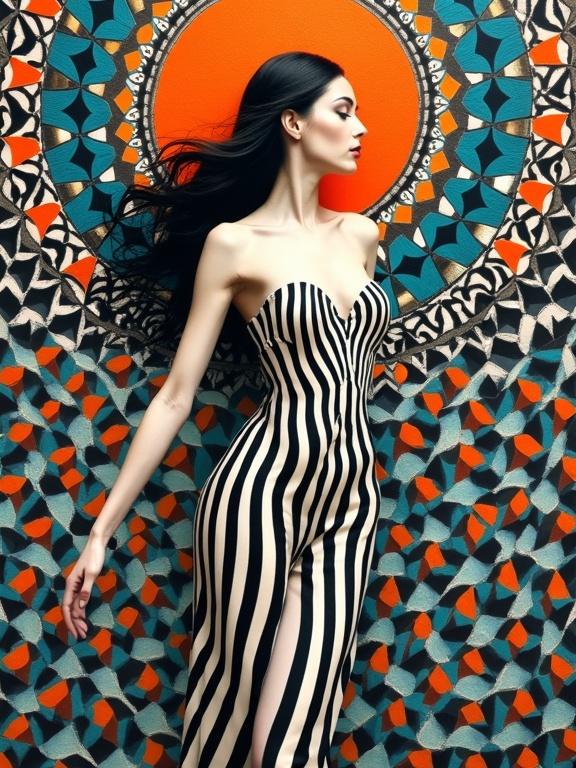 Surreal 3D collage portrait of a woman in a striking dress. She poses gracefully, surrounded by vibrant geometric patterns. Black and white stripes dominate the dress, complemented by orange and turquoise hues in the background. Intricate designs evoke the styles of Escher, Bridget Riley, and Sonia Delaunay.