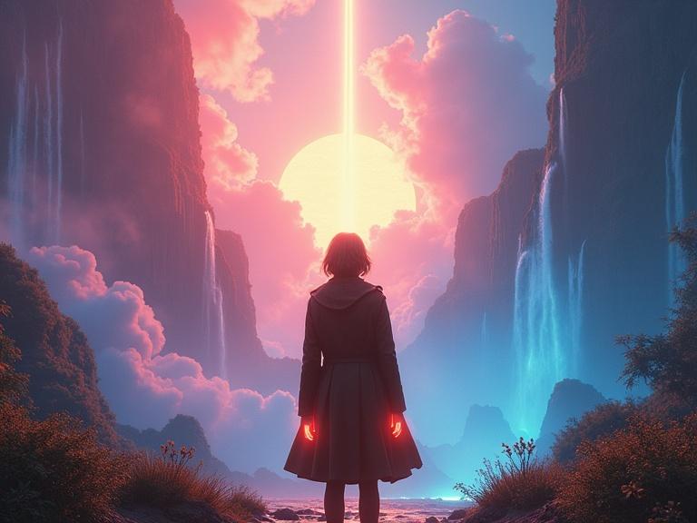 Breathtaking realistic fantasy scene. A female person stands at the threshold. Back view only. Brown leather coat. Glowing orange arms. Ethereal dreamscape. Surreal biome transition. Vibrant color split. Warm pink sunset clouds meet cosmic blue realm. Floating islands. Cascading light waterfalls. Cinematic composition. Lush foliage framing. Volumetric god rays. Mystical atmosphere. High fantasy art. Hyper-detailed. 8K resolution.