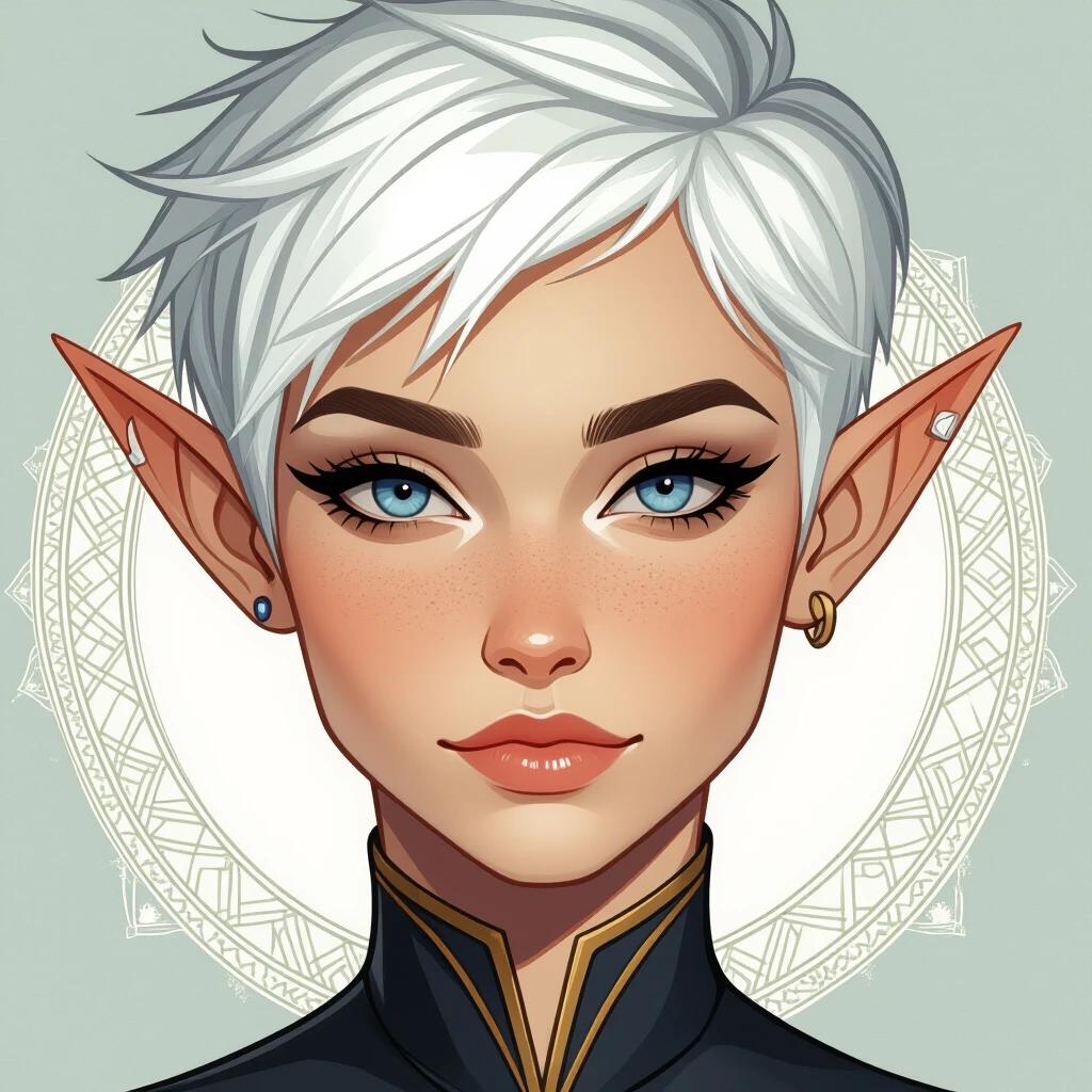 Ultra-detailed portrait of a female elf. Pale skin with blue eyes. Long ears and thin lips. White short pixie hair styled sharply. Comic book style with vivid colors and cell shading.