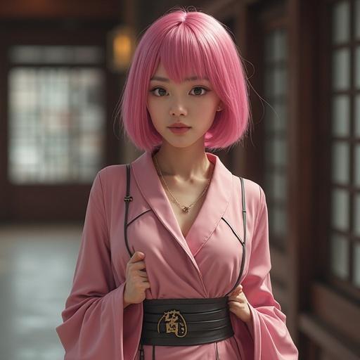 A woman wears a sakura haruno outfit. The outfit is pink with a black belt. The woman has pink hair styled in a bob cut. The background features traditional Japanese architecture. Lighting is soft and warm.