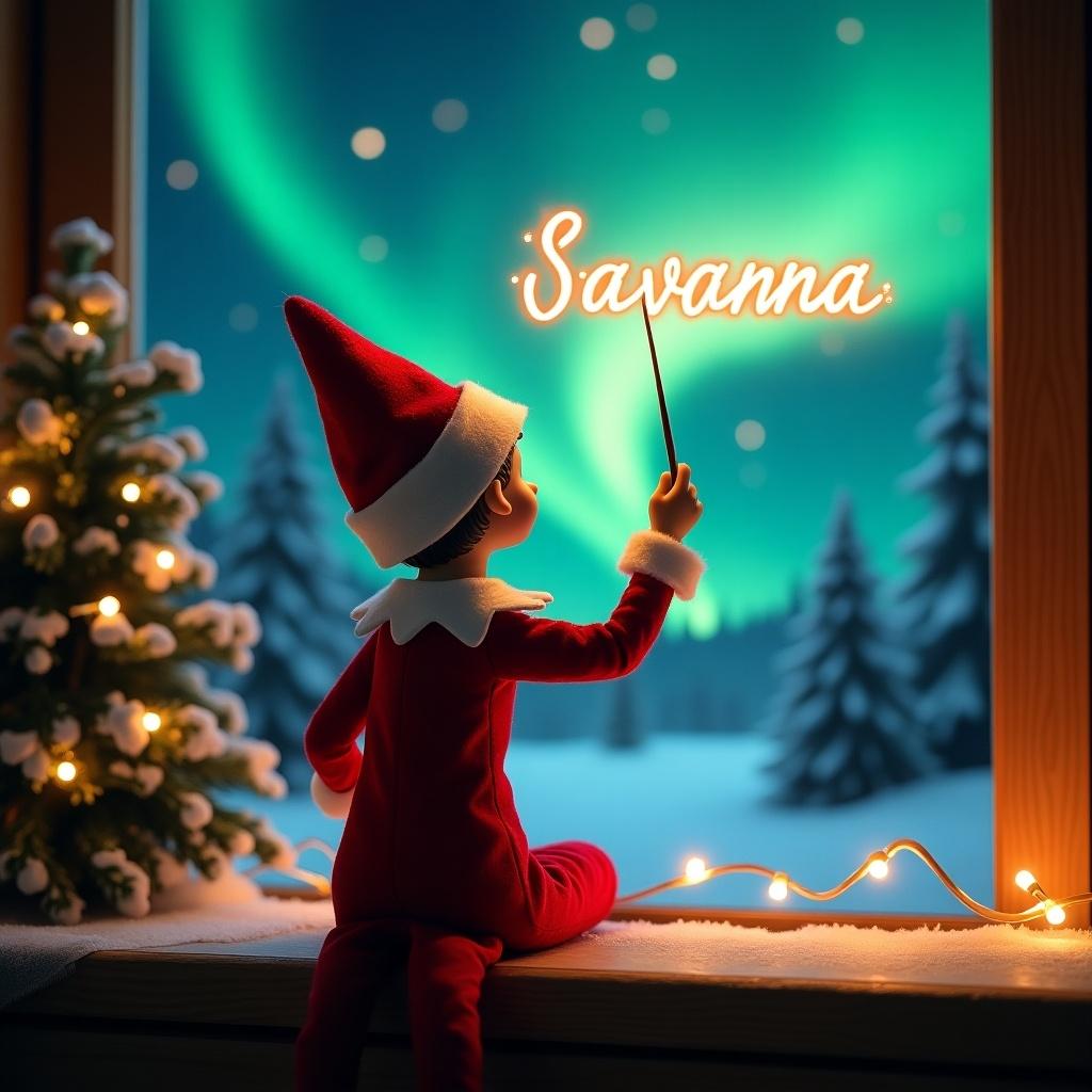 An enchanting Christmas scene features a girl elf on the shelf who is facing the sky with her back to the viewer. Dressed in red and white, the elf wields a magic wand, writing 'Savanna' in a glowing script above her. The backdrop showcases vibrant northern lights that add to the magical ambiance. This festive scene embodies the spirit of Christmas with a whimsical twist. The position and action of the elf create a sense of wonder and excitement, capturing the joy of the holiday season and adding a touch of magic to the atmosphere.