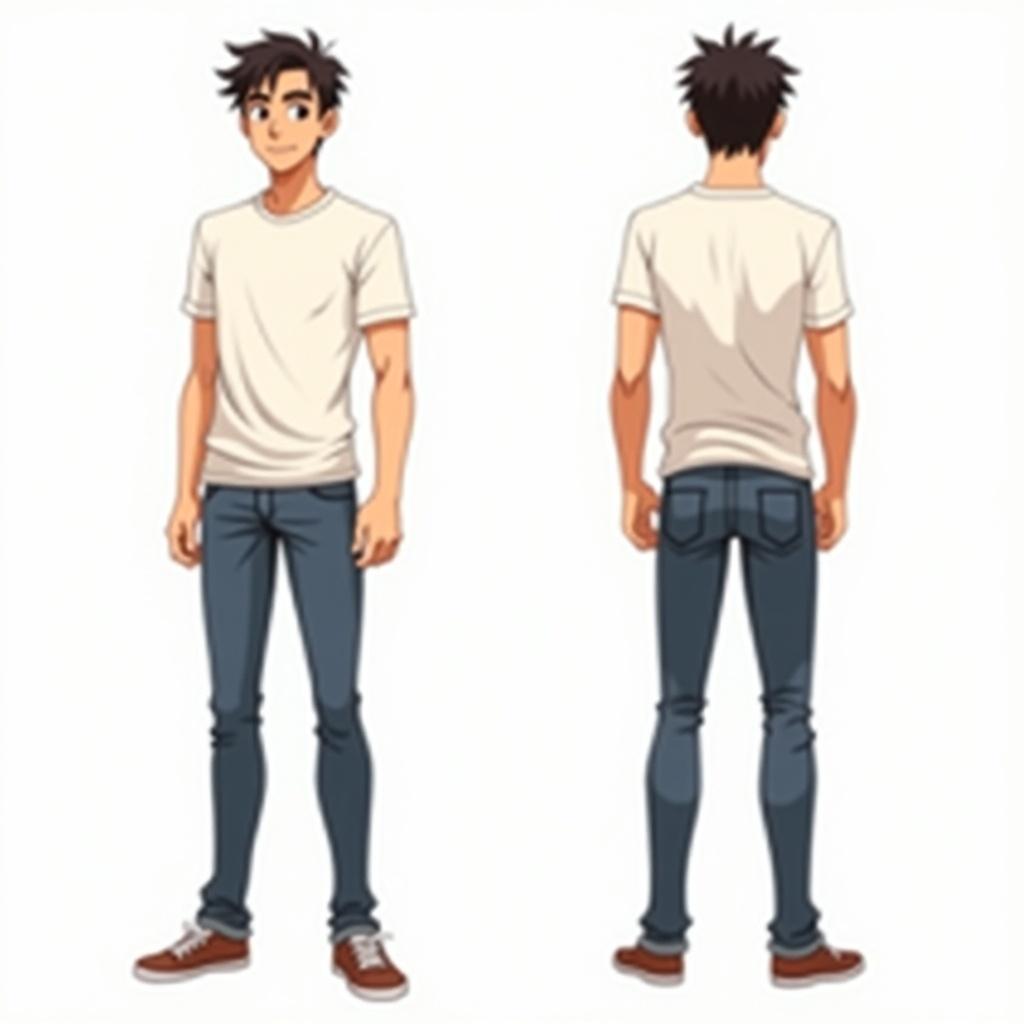 Anime character in T-pose shown from front and side views. Character sports a light t-shirt and skinny jeans. Features a sleek hairstyle and highlights design details clearly.