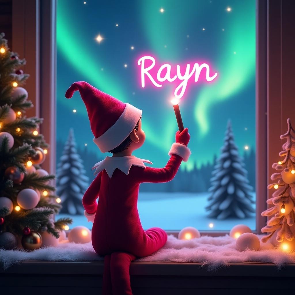 This image depicts an enchanting Christmas scene featuring an elf on the shelf. The elf is turned away from the viewer, gazing at the vibrant northern lights above. Dressed in festive pink and white attire, the elf holds a magic wand and is writing the name 'Rayn' in glowing pink script. The background is filled with snowy trees and soft decorations, creating a magical festive ambiance. The entire scene radiates holiday joy and whimsy, perfect for embodying the spirit of Christmas.