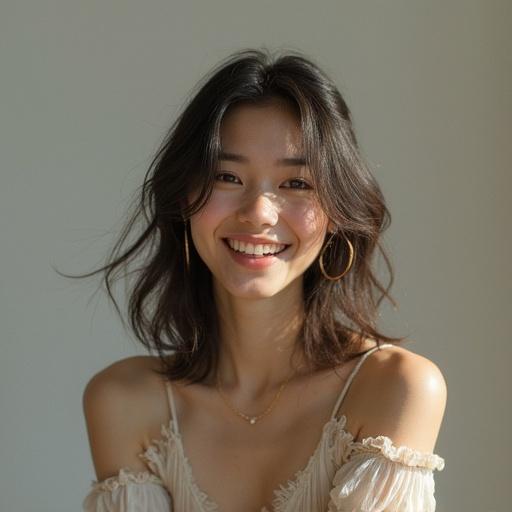 Japanese woman wearing a night dress. Semirealistic style with straight black hair. She is smiling and has a soft expression.
