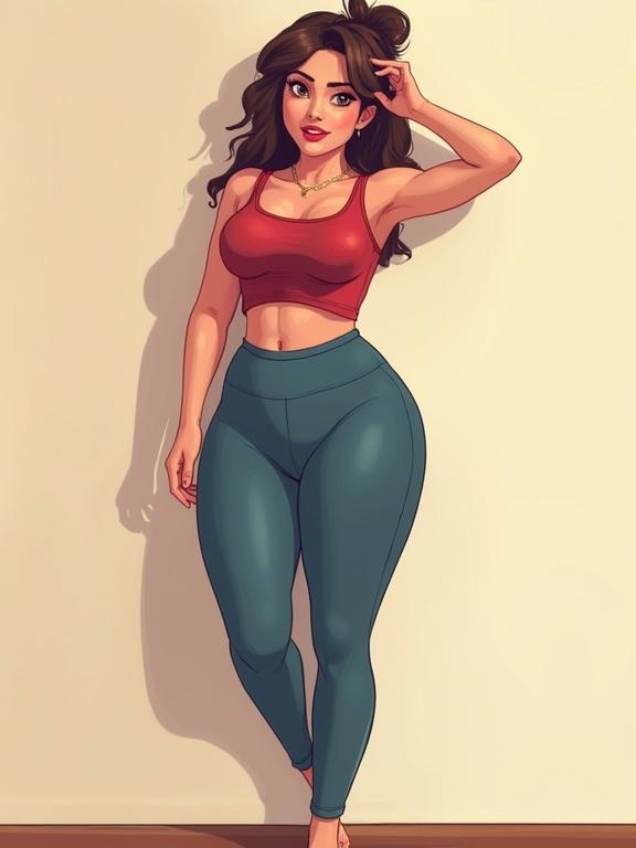 Illustration of a curvy woman with wide hips and thick thighs. She wears a red crop top and teal leggings. The pose is confident with one hand on her head and the other on her hip. The character stands against a wall, looking directly at the viewer.