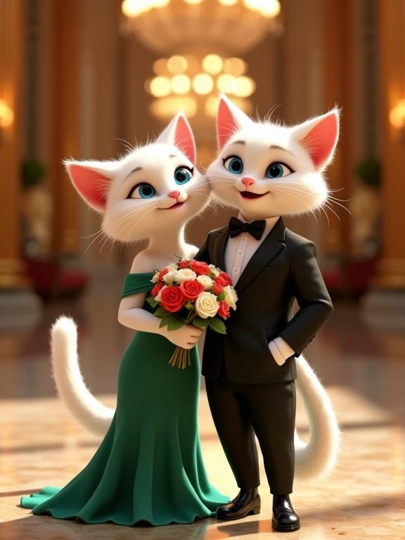 A 3D animated still featuring two anthropomorphic white cats in wedding attire. The male cat is in a black tuxedo with a bow tie. The female cat wears an emerald green gown and holds a bouquet. They are in a grand hotel lobby with decorative columns and chandeliers. The scene reflects joy and elegance with vibrant colors and warm lighting.