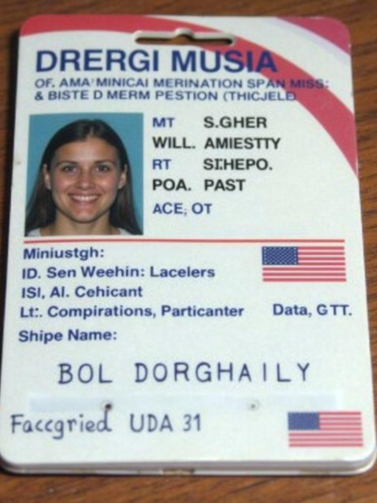 An American ID card is shown with personal information. The card features a name and an ID number. A photograph is present along with a flag in the corner. The ID serves as a visual identification document.