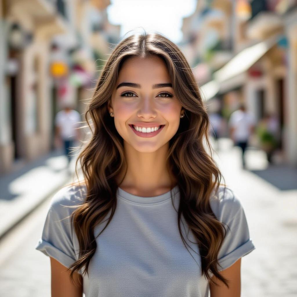 A young woman stands in a lively city street. She has long wavy hair and a relaxed posture. The background has people walking and shops. The atmosphere is warm and inviting. The setting is lively and urban.