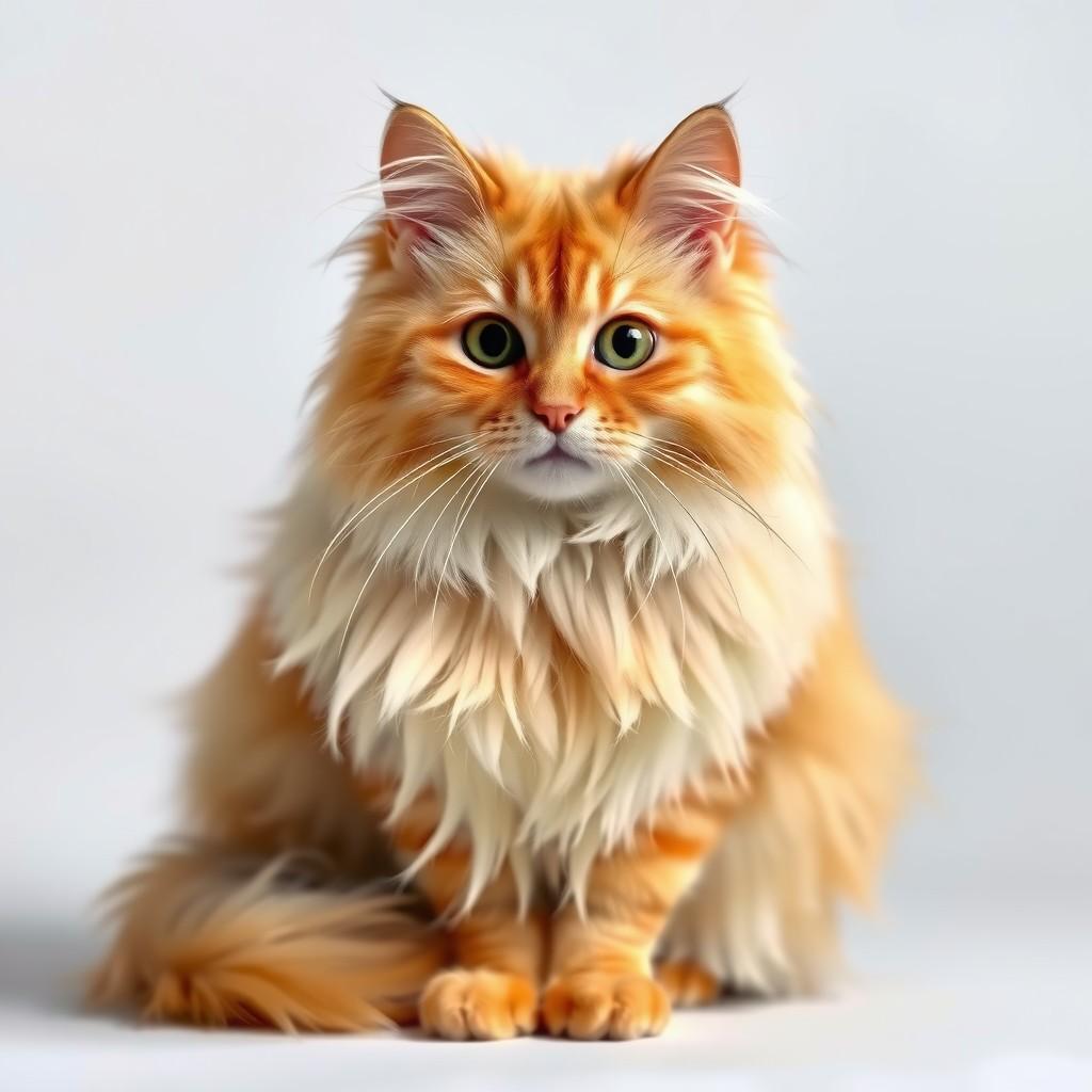 A fluffy, orange tabby cat sitting elegantly against a plain background.