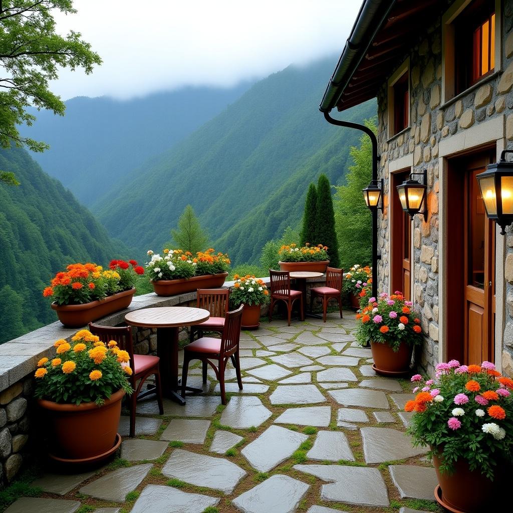 Image of a peaceful mountain retreat. Features a stone patio decorated with flowers. Table and chairs create an inviting atmosphere. Surrounding lush greenery and mountains with mist. Soft lighting enhances tranquility.