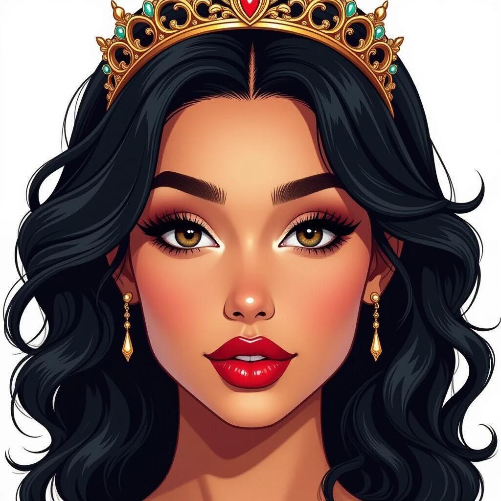 Ultra-detailed profile of a female character with wavy black hair. The character has olive skin with brown eyes and full lips. She wears an intricate tiara. The style is comic book-like with sharp lines and cell shading effects.