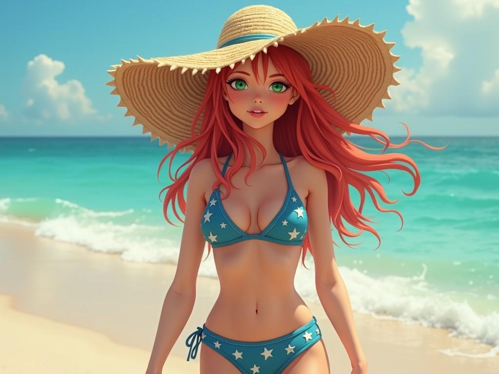 This digital artwork depicts an animated character with long, flowing red hair, strolling along a beach. She wears a blue bikini adorned with stars and a large, floppy sun hat. The ocean waves are gently crashing behind her under a clear blue sky, contributing to a serene and lively summer scene.