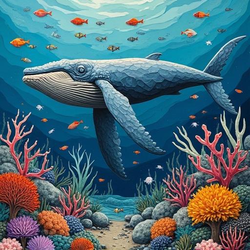 Paper collage depicting whale falls and emerging life forms. Transition from whale flesh to bones. Various corals, fish, and marine plants surrounding whale. Showcase life cycle and biodiversity. Use vivid colors and textures. Emphasize natural interconnections among marine life.