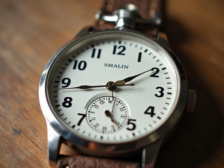 Analog watch with small hand on the 8 and large hand on the 3. Focus on the watch face and details.