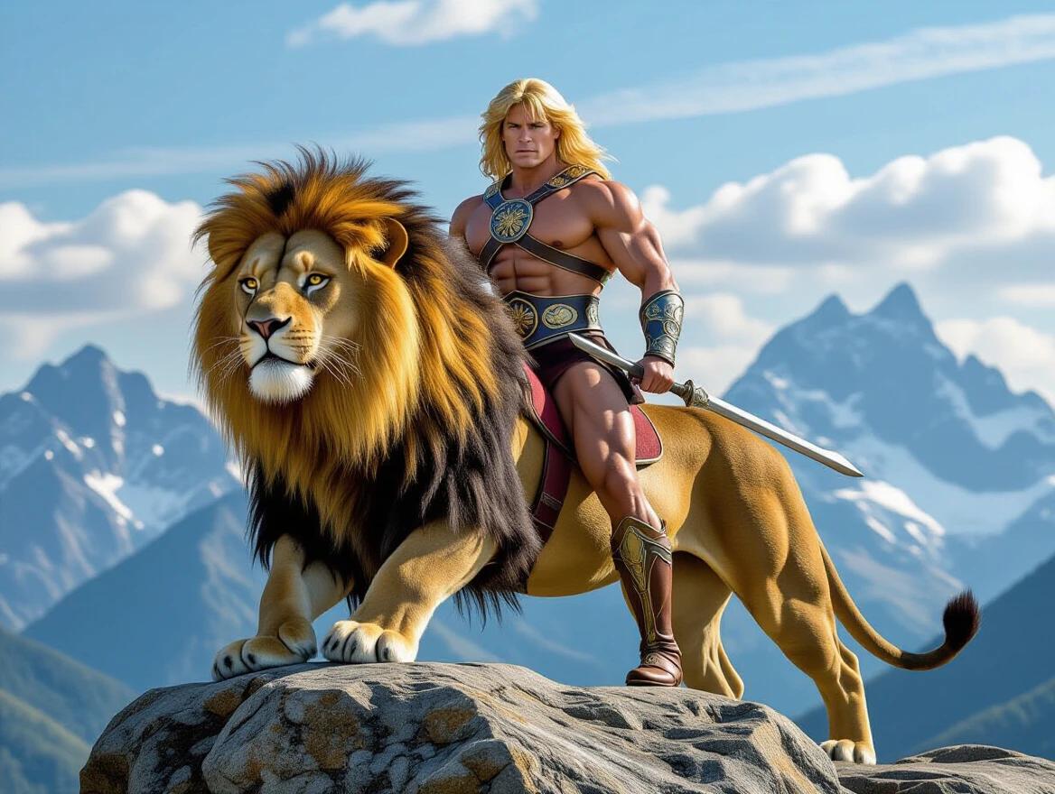 A strong man resembling a heroic character sits confidently on a majestic lion. The lion looks proud as they perch on a large stone. Dramatic mountains create a breathtaking background with a clear blue sky. The scene evokes adventure and strength.