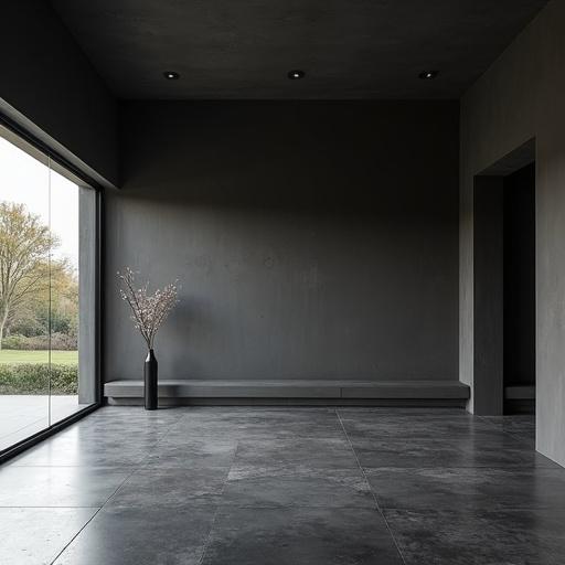 Interior of modern living room with dark gray palette. Walls made of smooth concrete or plaster. Polished dark stone or microcement floors. Clean and empty atmosphere with no furniture. High ceilings and large windows allowing natural light. A simple vase with branches for a touch of decor.