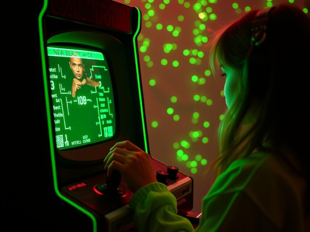 A person using a retro-futuristic arcade machine emitting a vibrant green glow.