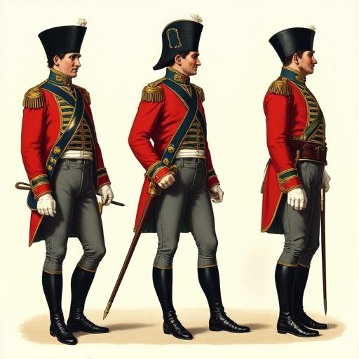 Three British light cavalry officers in historical uniforms. The first officer on the left wears a helmet with a falling black mane and ornate brass details. The second officer in the center displays a Belgic shako adorned with a plume and gold cords. The third officer on the right mirrors the first with a helmet. All wear scarlet coatees with gold embellishments. They stand in various orientations: profile left, front view, and profile right.