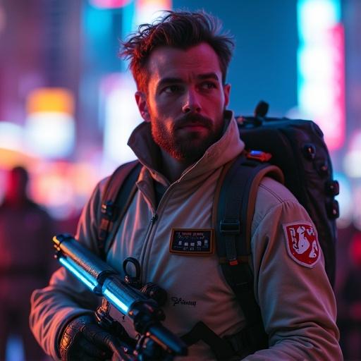 A young man with a beard dressed in a high-tech ghost-hunting suit. The suit has glowing accents. He holds a futuristic proton weapon. The scene is set at night with vibrant neon lights creating an epic atmosphere. Composition is dynamic and energetic, capturing a dramatic moment.