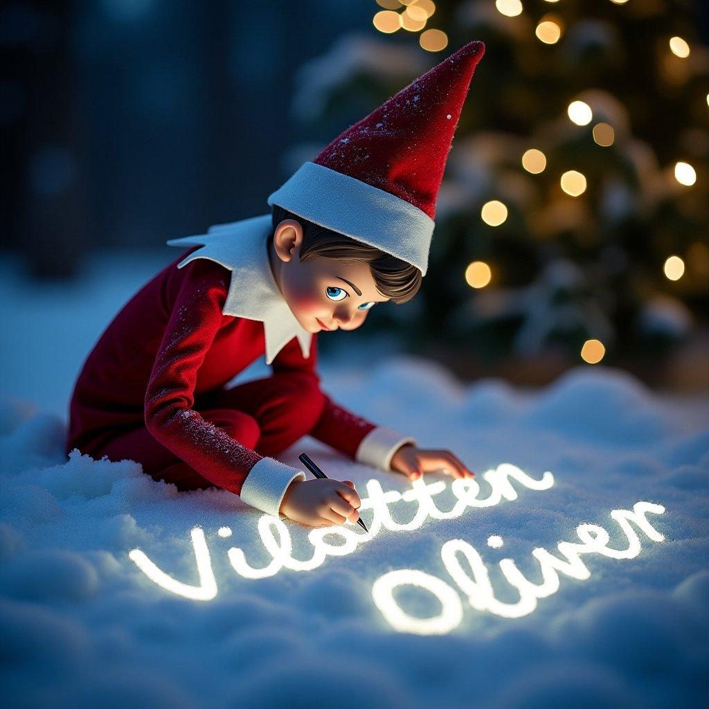 Elf on the shelf writes names in snow using lights. Names appear in cursive style. Snowy setting with twinkling lights. Child-like wonder and Christmas spirit present.