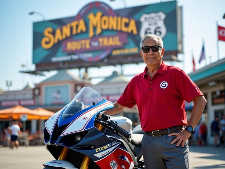 Indonesian man in his 50s stands beside a sleek sport motorcycle at Santa Monica. He wears a red polo shirt with a circular G logo and grey pants. The background features the colorful Santa Monica Route 66 End of the Trail billboard. The motorcycle has a futuristic design with white, blue, and red racing stripes. The urban setting is vibrant with shops and a clear sky. Photography captures the scene in a close-up style with beautiful bokeh.
