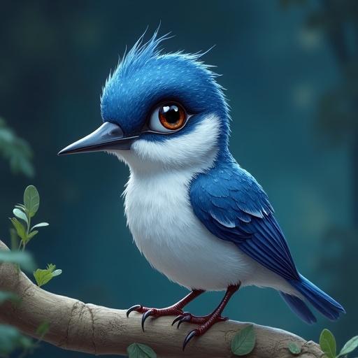 The scene is a cartoon featuring a palm-sized bird with feathers in indigo blue and silvery gray. The bird has large, mirror-like eyes and a delicate curved beak. Its wings are short, yet it moves with agility. The environment is mystical with a hint of ancient stardust. The bird seems otherworldly and magical.