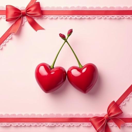 Cute heart-shaped cherries on a light pink background. Red and white ribbon borders the image. Big bow on top with cherry blossoms.