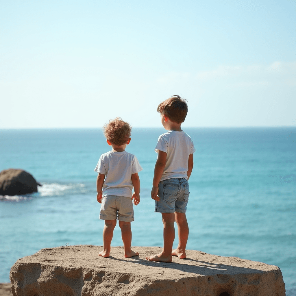 Two children stand on a rock overlooking the ocean.