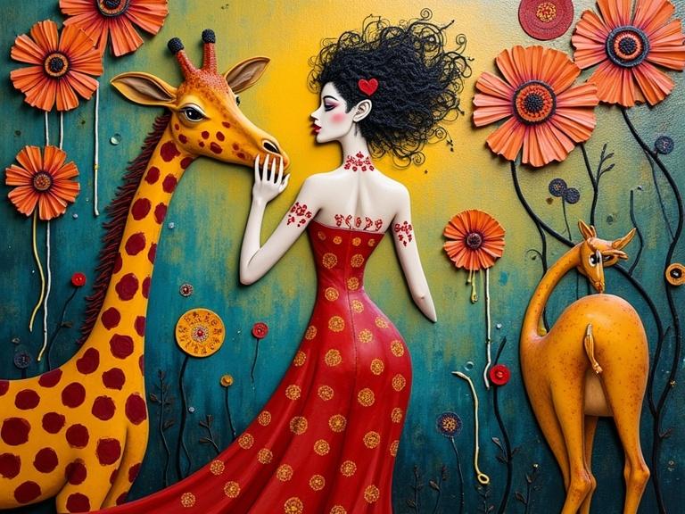 Masterpiece 3d multi-layered artwork with a whimsical style. Features a burlesque girl in a red dress interacting with a pet giraffe. Bright colors and intricate details. Represents joy and creativity.