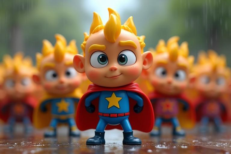 A 3D animated scene features Sparky in a red cape and blue suit. He stands with other toy characters. Bright daylight colors convey determination. Background shows a blurry rainy garden.