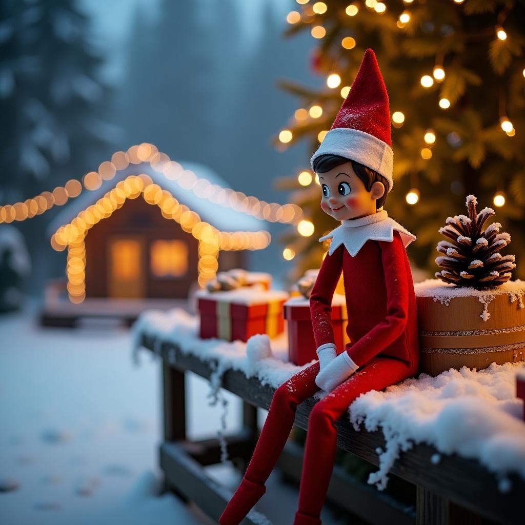 Elf character on a shelf in a snowy setting with Christmas decorations and lights. Surrounding elements include a cozy gingerbread house and gift boxes.