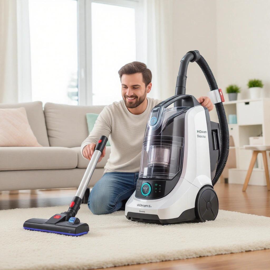 A man happily using a vacuum cleaner in a bright living room. The vacuum cleaner is modern and high-tech. The scene shows a comfortable home environment and emphasizes cleanliness.