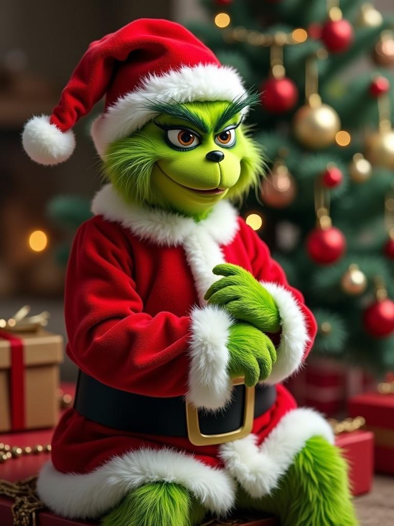 Image features a character in a Santa outfit. Scene is festive with a Christmas tree. Gift boxes surround the character. Green fur contrasts with the red outfit. The overall vibe is cute and sneaky.