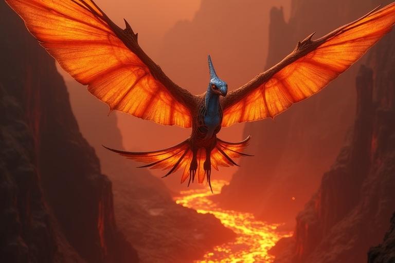 A Toruk, also known as the Great Leonopteryx, is captured in flight. The Toruk has a wide wingspan glowing in red light. Lava flows beneath it, surrounded by blackened cliffs. Kaari, a tall Na'vi female with blue skin and glowing scars, flies alongside the Toruk. Her athletic figure is in sync with the creature. The scene reflects a mythical and adventurous tone. The Fire Clan is nearing.