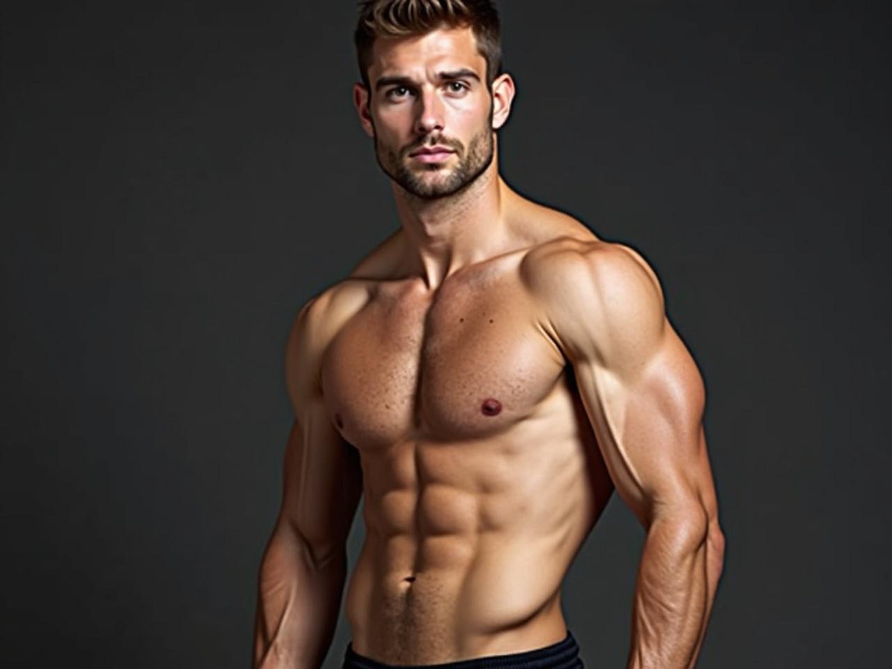 Image showcases a man with an athletic physique. He has well-defined muscles and a strong presence. The lighting accentuates his physique. Ideal for fitness and marketing themes.