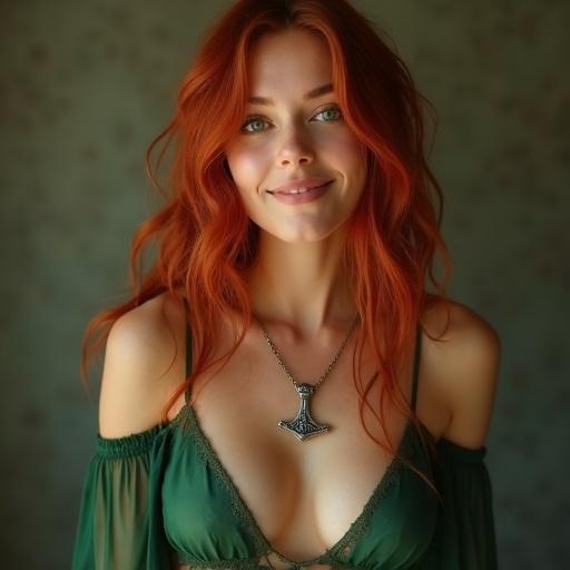Beautiful young woman with red hair and green eyes wearing a slightly transparent negligee and a Thor's Hammer necklace. She smiles gently with a relaxed demeanor. Green top with a plunging neckline.