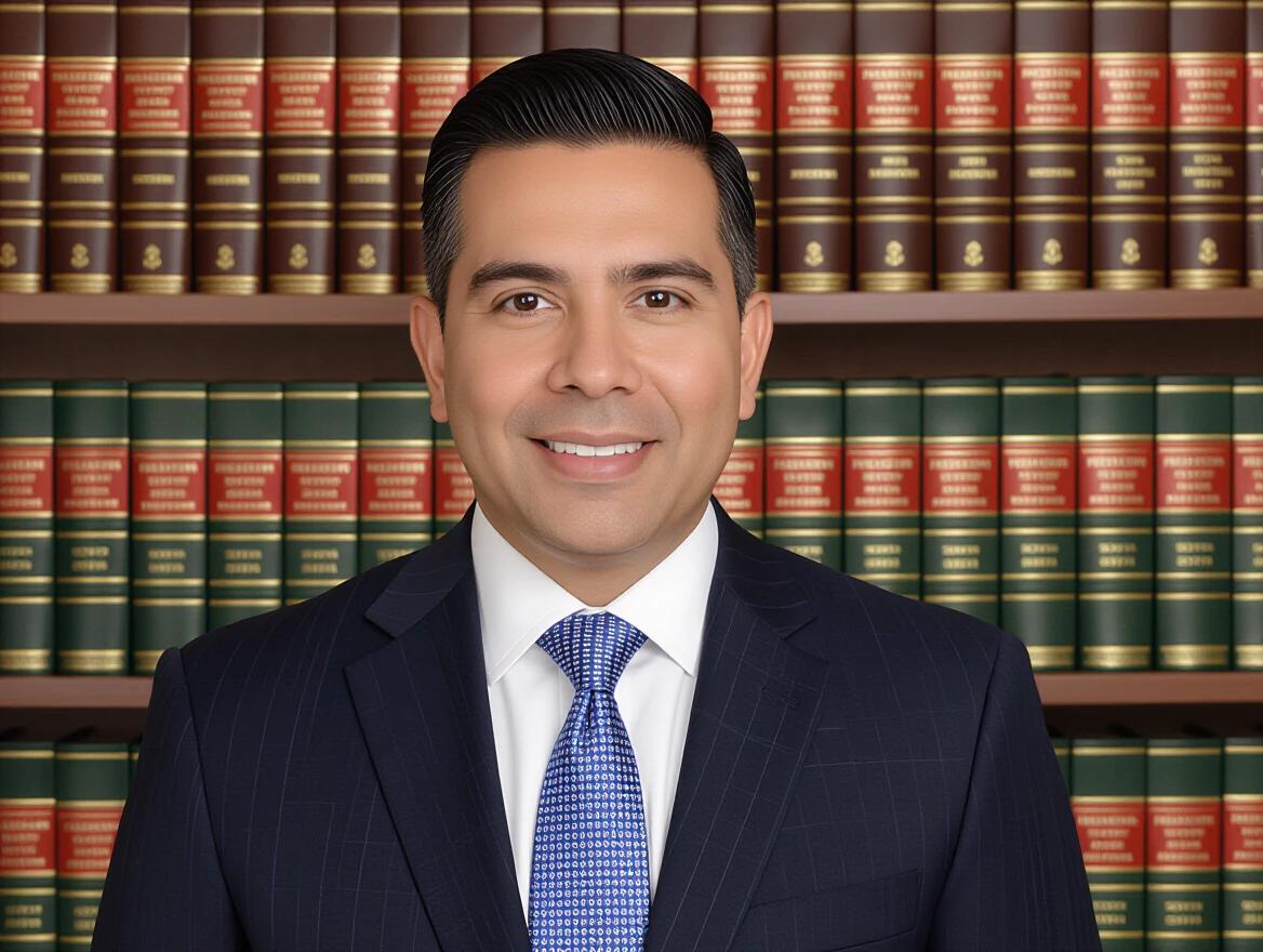 Man in a formal suit with a neatly styled hair. Background showcases rows of law books. Solid blue tie enhances professional appearance. Displayed against a library of law literature. Represents legal or corporate professionalism.