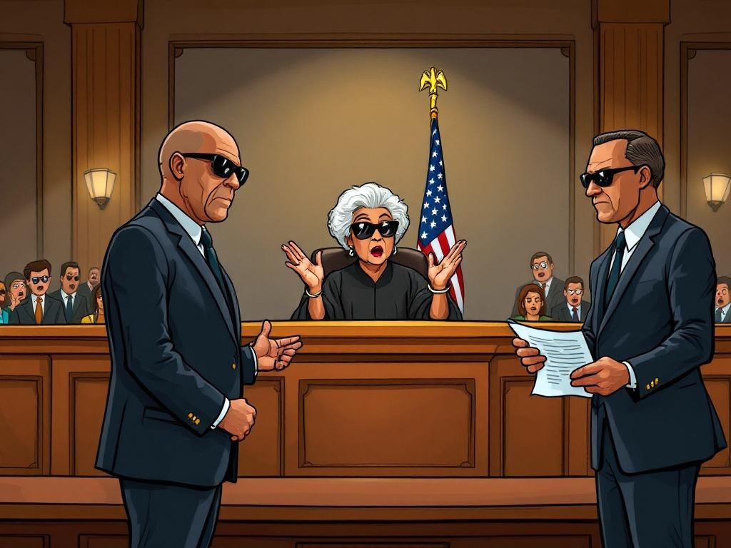 Cartoon-style courtroom scene with two FBI agents in dark suits arresting a surprised senior afro-american female judge while holding handcuffs. Judge with raised hands in black robes behind the bench. Wooden decor with a U.S. flag. Background spectators look shocked. Bold colorful exaggerated style like political cartoon.