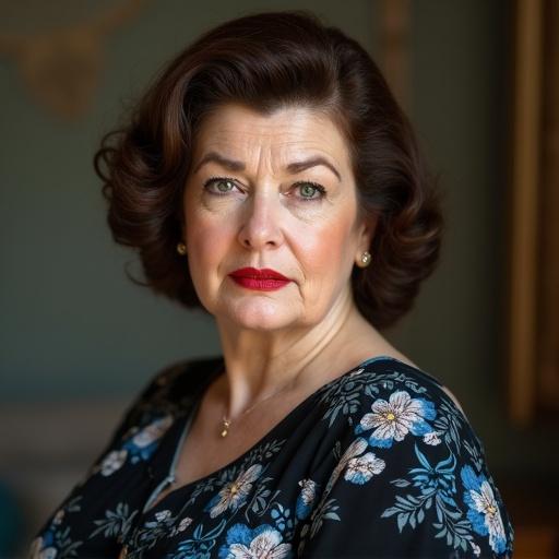 Chubby housewife around 50 years old with wrinkles on the face. Vintage-inspired 1950's hairstyle with big red lips. Wearing a floral black and blue dress. Portrait captures an intense glance with green eyes and a chubby body.