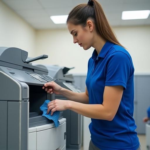 Woman in a blue polo shirt is cleaning a copy machine.