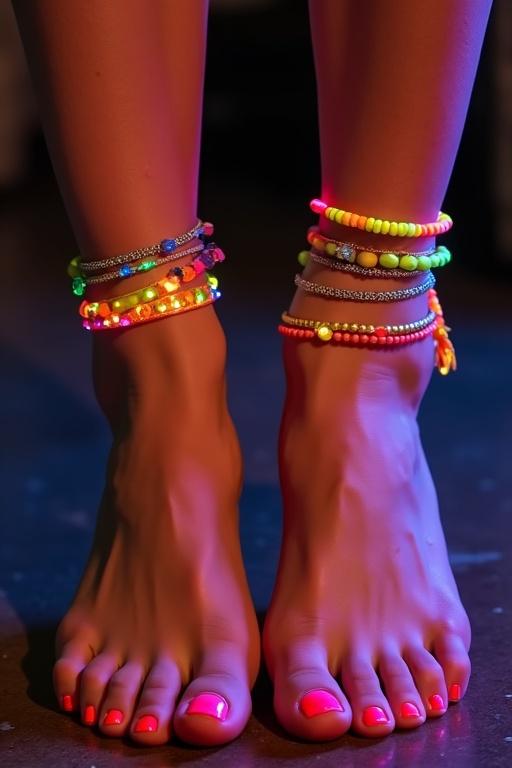 Feet adorned with neon colored toenails. Decorative foot accessories are visible.