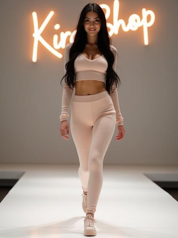 Young woman with long black hair walks on white podium. She wears light beige ribbed tracksuit consisting of cropped top and tight leggings. The top reveals skin at the waist. She smiles sweetly at the camera. Kira Shop sign is illuminated in the background.