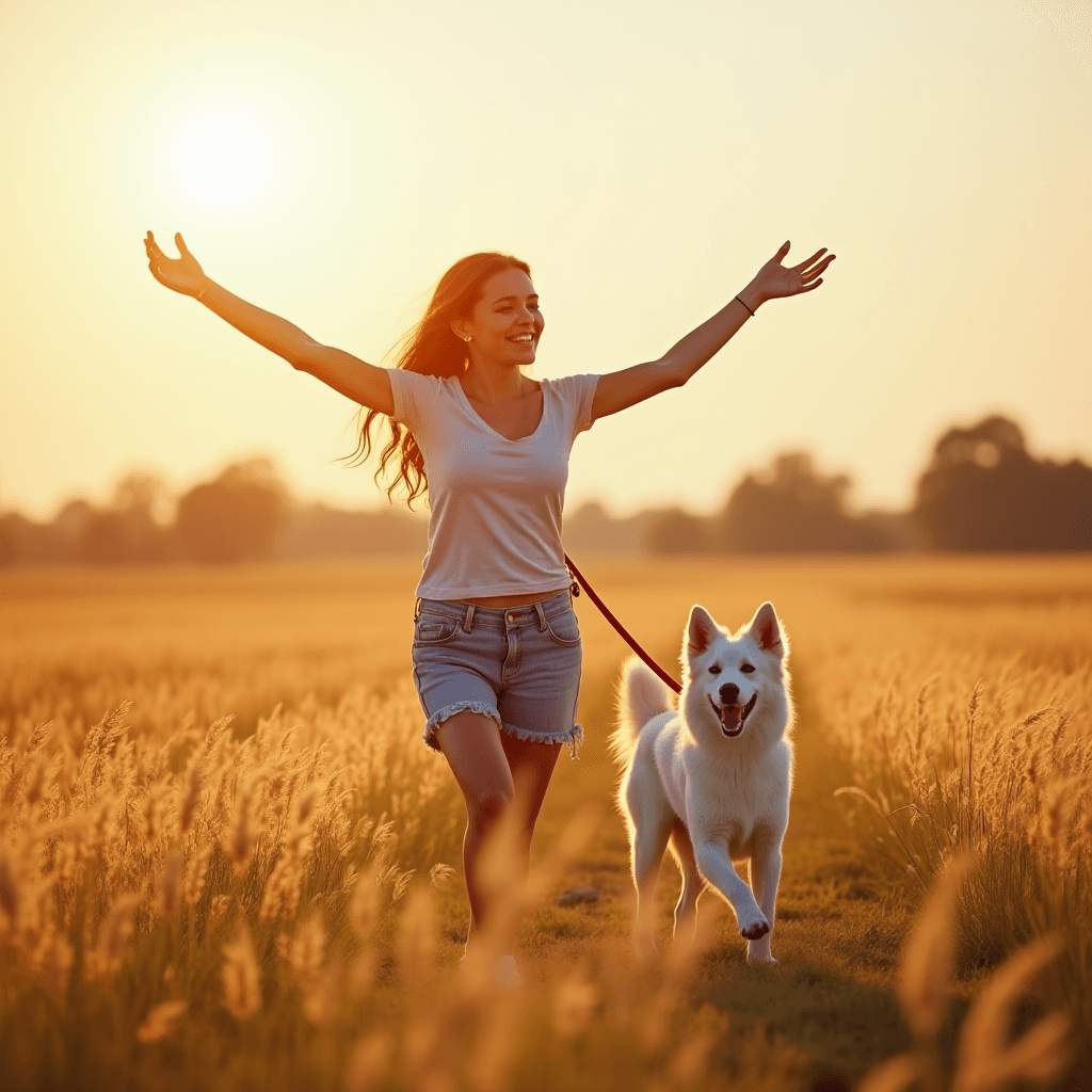 A woman happily walks with her dog in a sunlit field during sunset.