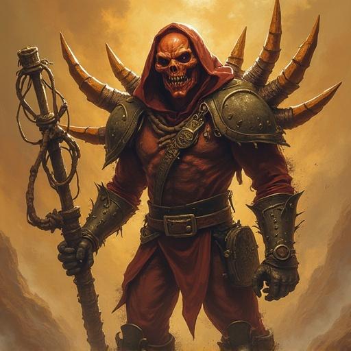 A character depicted with a skull face in brown and tan armor. Spikes protrude from the back. The character wields a staff with a twisted design. Dramatic background with a dark atmosphere.