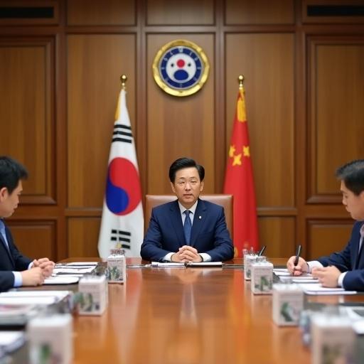 Wide-angle shot of a conference room. Prime Minister presides over cabinet meeting. Flags are displayed behind. Document boxes are on a long table. Officials review plans for economic revitalization.