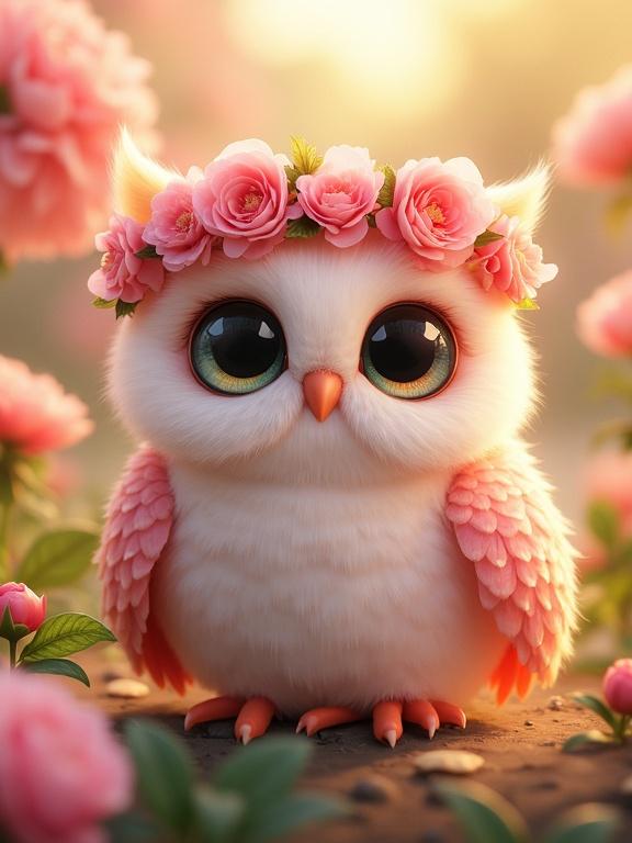 Kawaii owl-kitty styled like a peony with petal-like feathers. Large crystalline eyes and a floral wreath on the head. Set in a vibrant, sunny garden.
