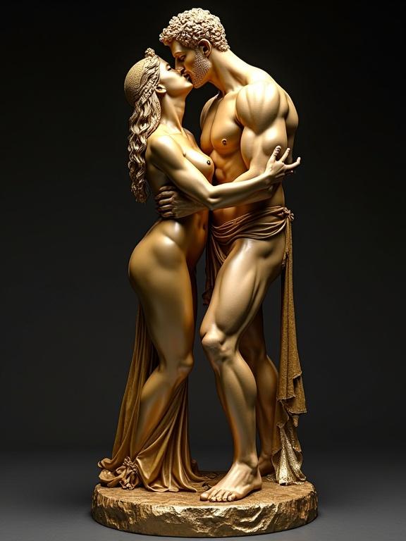 Intricate sculpture depicting lovers. Cleopatra kneels embracing Hercules. Both figures detailed and muscular. Gold finish enhances elegant appearance. Captivating and romantic display of affection. Exquisite craftsmanship highlights their connection.